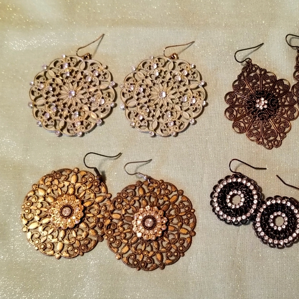 6 Pair Metal, Rhinstone, Mixed Media Dangle Earrings